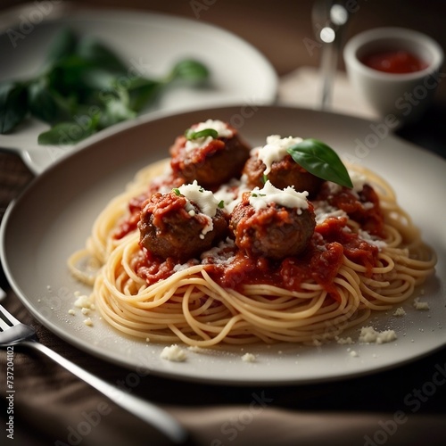 Delicious plate of spaghetti with meatballs and garlic bread 