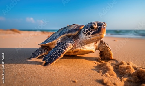 A Majestic Green Turtle Crawling on a Serene Sandy Beach