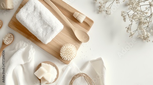 a wooden cutting board topped with a white towel and two wooden spoons next to a couple of scrubs.