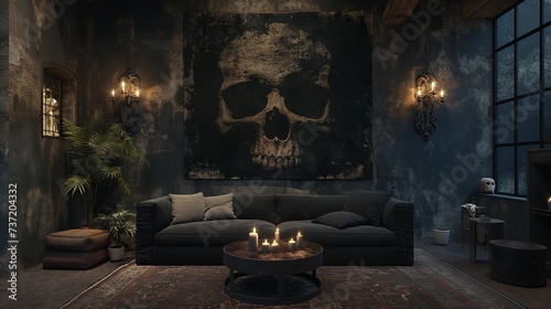 Dark and moody interior of living room with black sofa, metal coffee table, skull rug, gothic wall art and candles. Rock style home decor.