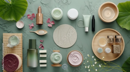 a table topped with lots of different types of skin care products next to a plant and a bottle of lotion. photo