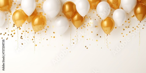 White and gold balloon decoration on white background, elegant and sparkling