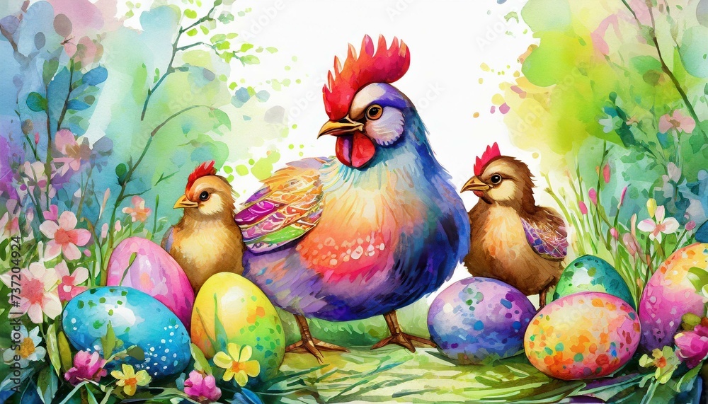 Wielkanocna ilustracja z pisankami, kurami i kurczątkami