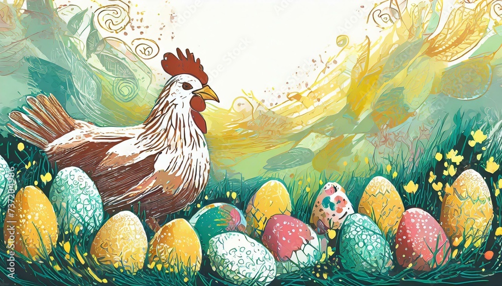 Wielkanocna ilustracja z pisankami, kurami i kurczątkami - obrazy, fototapety, plakaty 