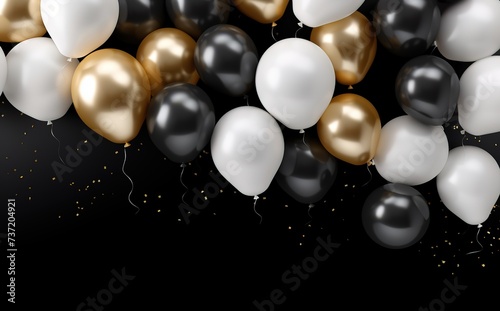 Black and white gold balloon frame with black background and empty space underneath, elegant 
