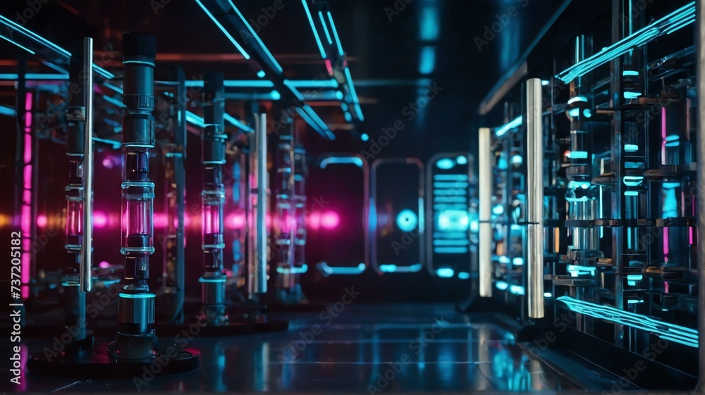 Fototapeta premium Futuristic concept science nucleus of atom surrounded by electrons on technology background, contrasting neon lights theme from Generative AI