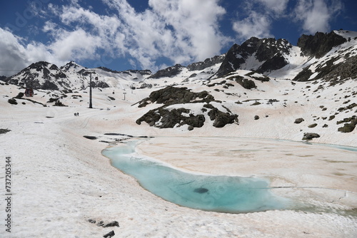 Snow, mountain lake and Presena glacier in italy photo