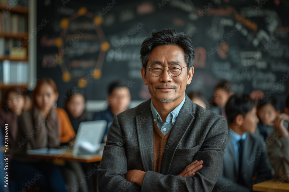 Confident Male Professor in Lecture Hall. Mature, stylish male professor standing confidently in front of a classroom, students blurred in background. Confident Male Professor in Lecture Hall. Mature, stylish male professor standing confidently in front of a classroom, students blurred in background.