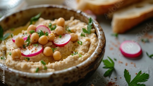a bowl filled with hummus, radishes, and parsley on top of a table next to bread. photo