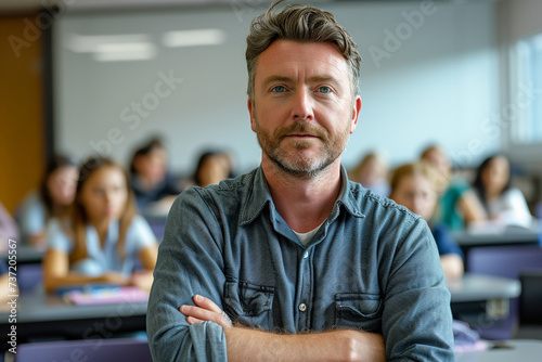 Confident Male Professor in Lecture Hall. Mature, stylish male professor standing confidently in front of a classroom, students blurred in background.