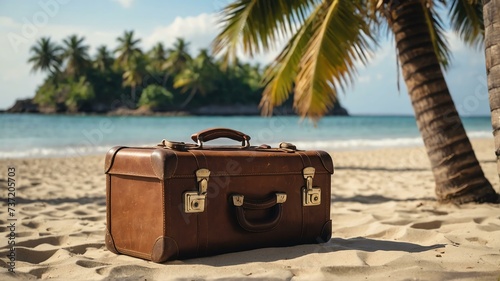 Summer background travel concept, beach front white sand with a brown travel suitcase and a coconut tree and sunlight from Generative AI © Arceli