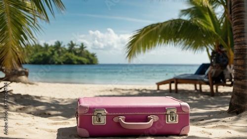 Summer background travel concept, beach front white sand with a pink travel suitcase and a coconut tree and sunlight from Generative AI