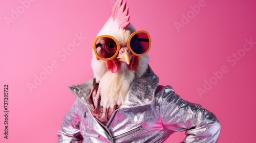 Creative animal concept. Chicken hen in glam fashionable couture high end outfits isolated on bright background advertisement, copy space © Usman