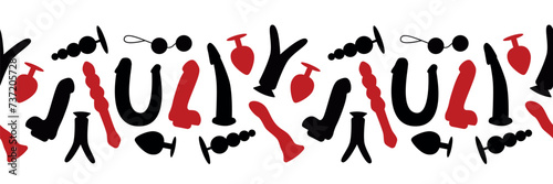 Seamless sex toys border. Black and red dildos. Isolated vector illustration for packaging, websites, backgrounds.