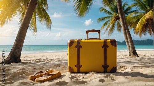 Summer background travel concept, beach front white sand with a yellow travel suitcase and a coconut tree and sunlight from Generative AI