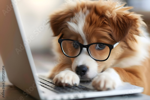 Cute dog looking computer laptop in glasses at workplace.