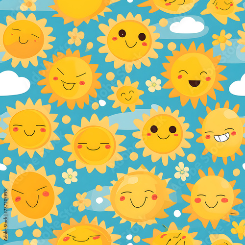 Cute summer sun cartoon seamless pattern background.