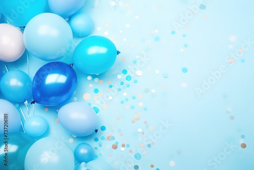 The balloon is blue on a white background and sparkling particles, with an empty space on the right