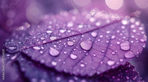 a close up of a purple leaf with drops of water on it's leaves and a purple boke of light in the background.