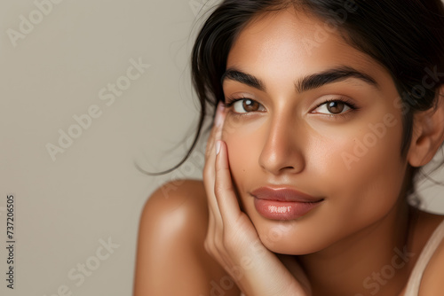 Portrait skincare of Indian woman on studio background. 