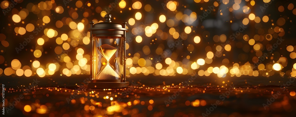 Hourglass symbolizes time and discipline bokeh lights create an enchanting backdrop. Concept Hourglass Symbolism, Discipline and Time, Enchanting Bokeh Backdrop
