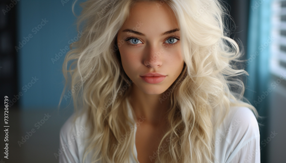 Fototapeta premium Young woman with blond hair looking at camera, exuding confidence generated by AI