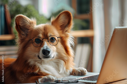 Cute dog looking computer laptop in glasses.