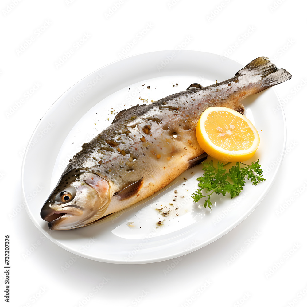 Fried trout with lemon isolated on white background Fried trout with lemon isolated on white background