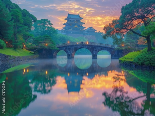 Imperial palace reflected on tranquil waters at dusk a horseshoe bridge arching gracefully overhead photo