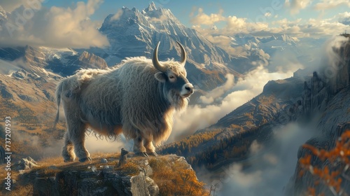 Majestic yak standing atop a national park vista breathing in the crisp morning air serene and majestic photo