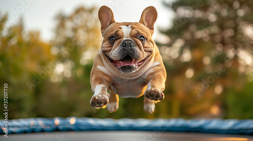 Bulldog bouncing on a trampoline photo