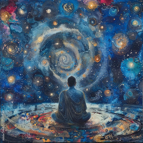 A cosmic Buddha meditating amidst a mandala of stars embodying quantum energy and universal peace photo