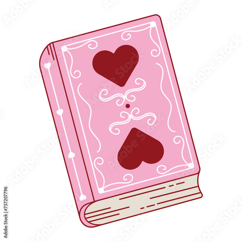 Drawing of Victorian book outline. Coquette pretty girly book. Pink book cover with vintage ornament and red hearts. Magic tome, diary, love book. Isolated hand drawn vector illustration