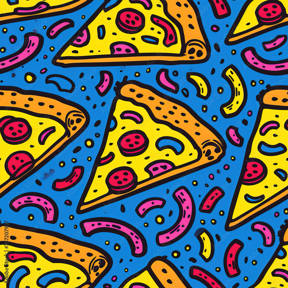 Fototapeta premium Pizza pop art cartoon funky retro repeat pattern