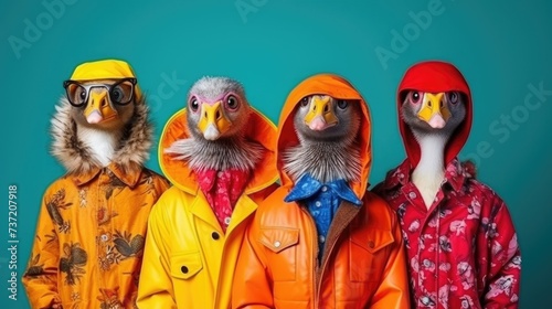 Creative animal concept. Duck bird in a group, vibrant bright fashionable outfits isolated on solid background advertisement, copy text space