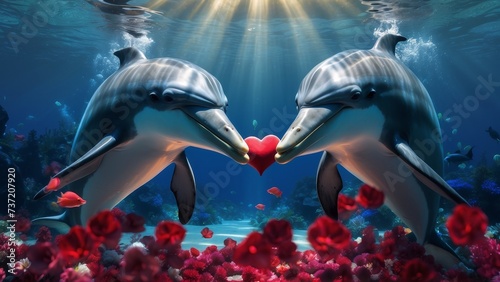 a heartwarming scene where two beautiful dolphins carry valentine shaped hearts in their mouths in a deep blue romantic underwater setting surrounded by red valentine heart