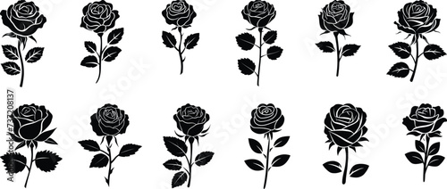 Set of vector black silhouettes of rose flowers isolated on a white background