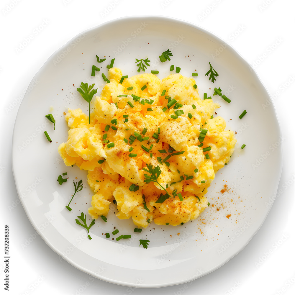 Delicious scrambled eggs top view isolated on white background Delicious scrambled eggs top view isolated on white background