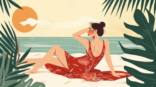 a woman in a red dress sitting on a beach next to a palm tree and the ocean with a sun in the background. photo