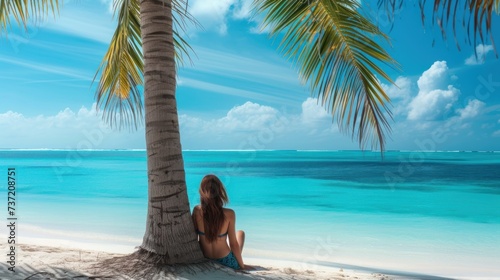 a woman in a bikini sitting under a palm tree on a beach with the ocean and sky in the background.