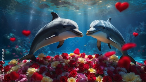 a heartwarming scene where two beautiful dolphins carry valentine shaped hearts in their mouths in a deep blue romantic underwater setting surrounded by red valentine heart