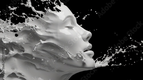 a black and white photo of a woman's face with a splash of milk on the face of her. photo