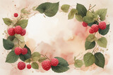 Frame of berries and raspberry leaves made in watercolor with copy space in the center.