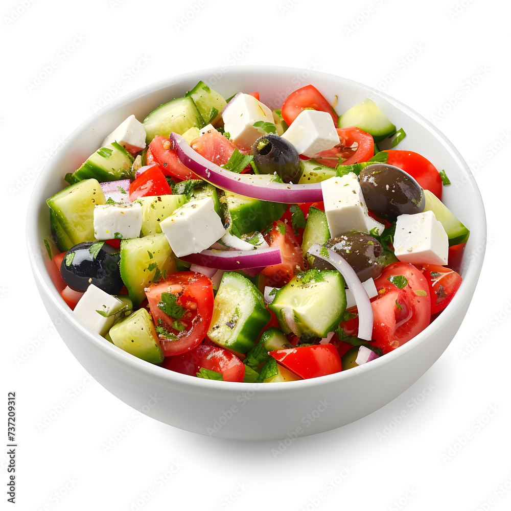 Delicious Greek salad in a white bowl, isolated on white background Delicious Greek salad in a white bowl, isolated on white background
