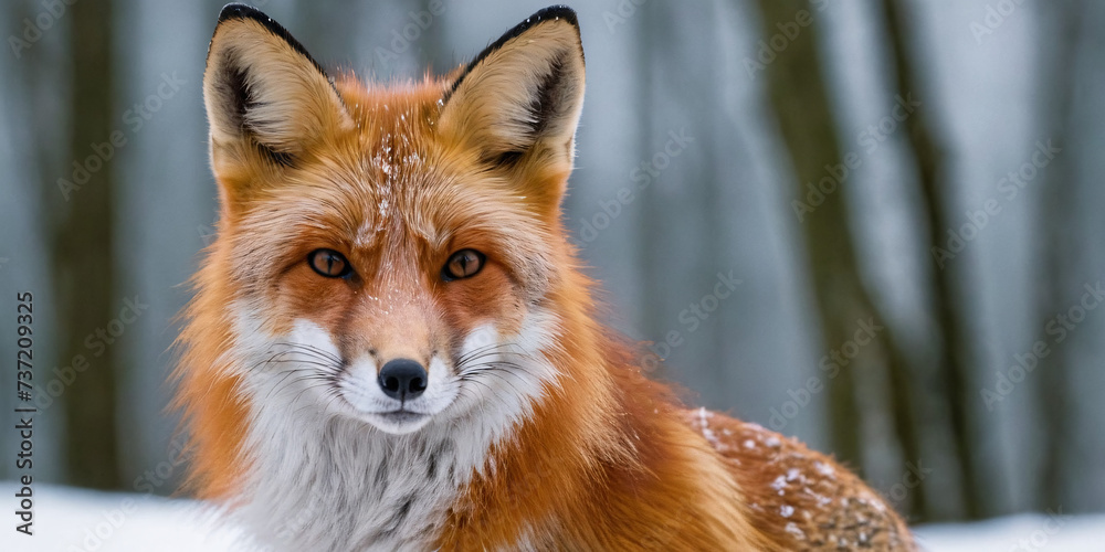 Fototapeta premium A red fox stands in the snow against the backdrop of a winter landscape.