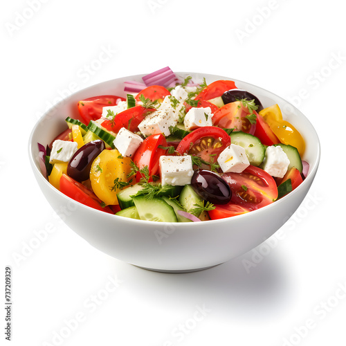 Delicious Greek salad in a white bowl, isolated on white background