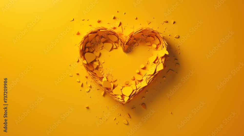 a broken heart on a yellow background with lots of small pieces of broken glass in the shape of a heart.