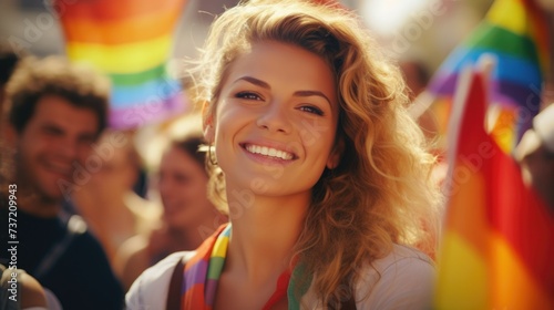 Smiling woman with rainbow flag at gay pride parade