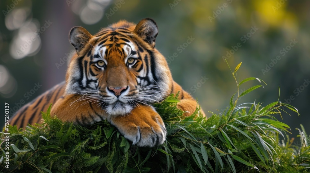 a close up of a tiger laying on top of a pile of green grass with trees in the back ground.
