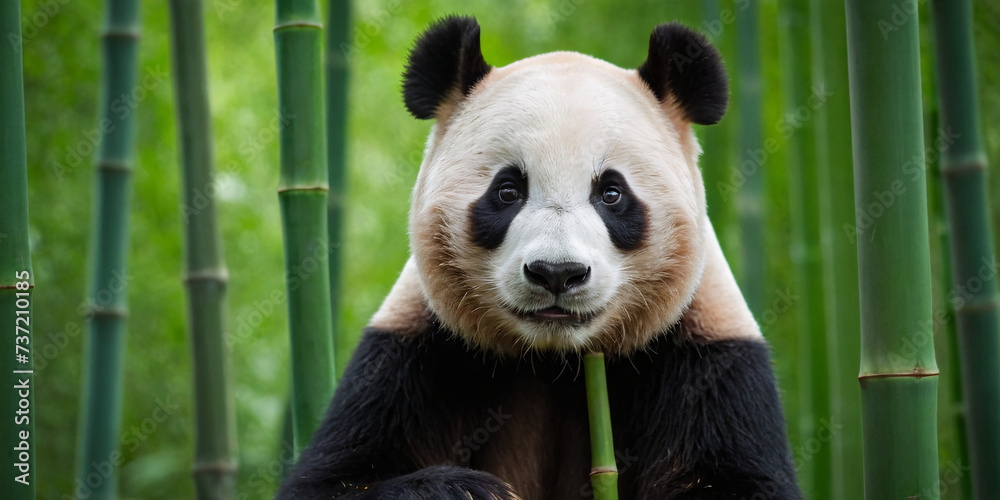 Obraz premium A panda cub in a green bamboo forest tries to eat bamboo branches.
